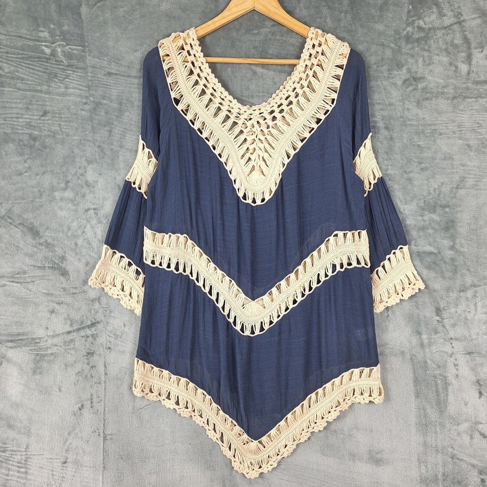 Womens Top 1X Blue Crochet Boho Chic Hippie Retro Festival Peasant Cottagecore